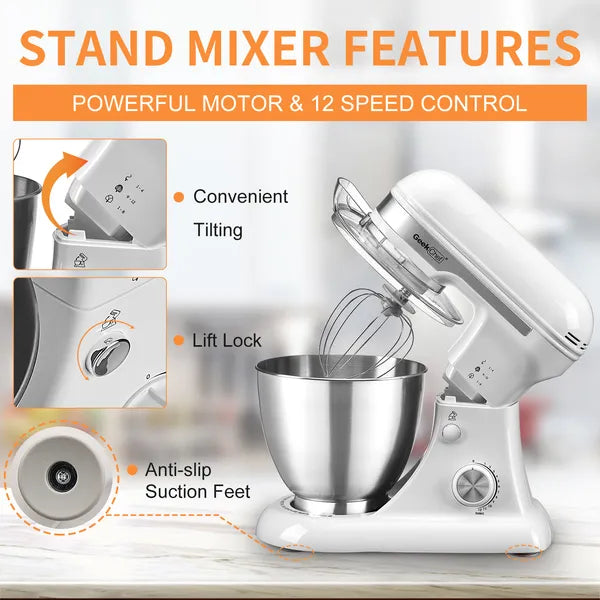 Geek Chef 4.8 Qt Electric Stand Mixer – 12-Speed Tilt-Head Kitchen Mixer (White)