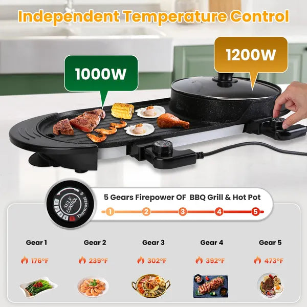 2-in-1 Electric Hot Pot & BBQ Grill – 2200W Smokeless Non-Stick Korean BBQ & Shabu Shabu Cooker with 5-Level Temperature Control, Perfect for 2-10 People