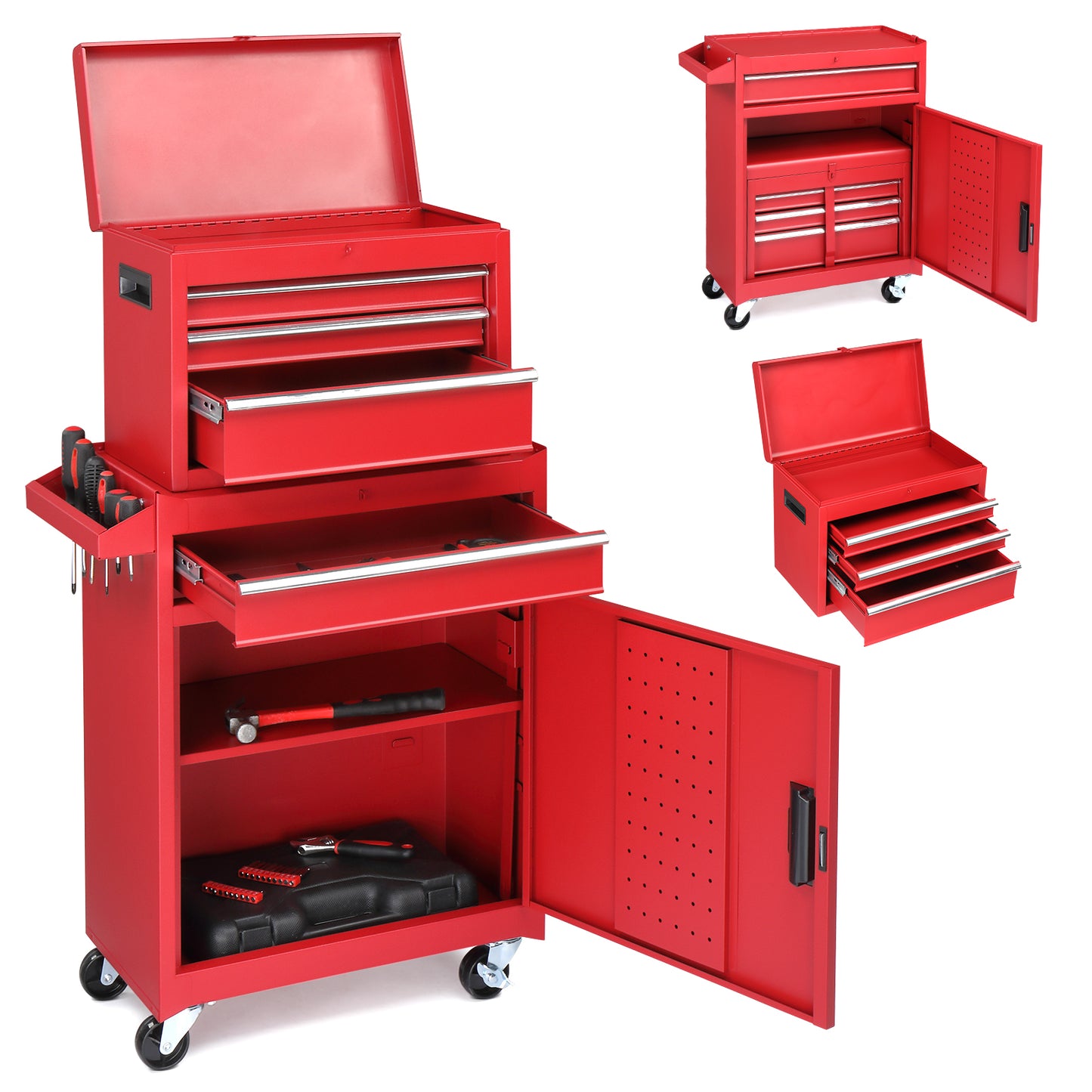 Red 4-Drawer Steel Cabinet with Lock – 330lb Heavy-Duty Tool Cart