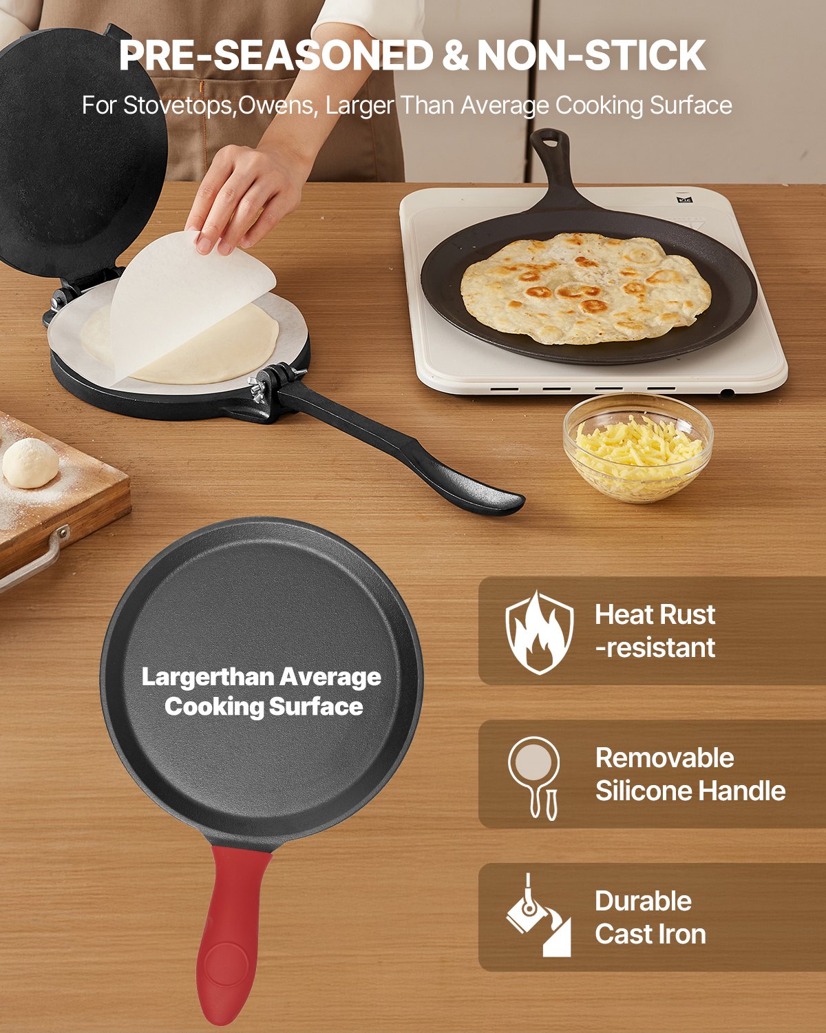 8" Heavy-Duty Cast Iron Tortilla & Roti Press – Chapati Dough Maker