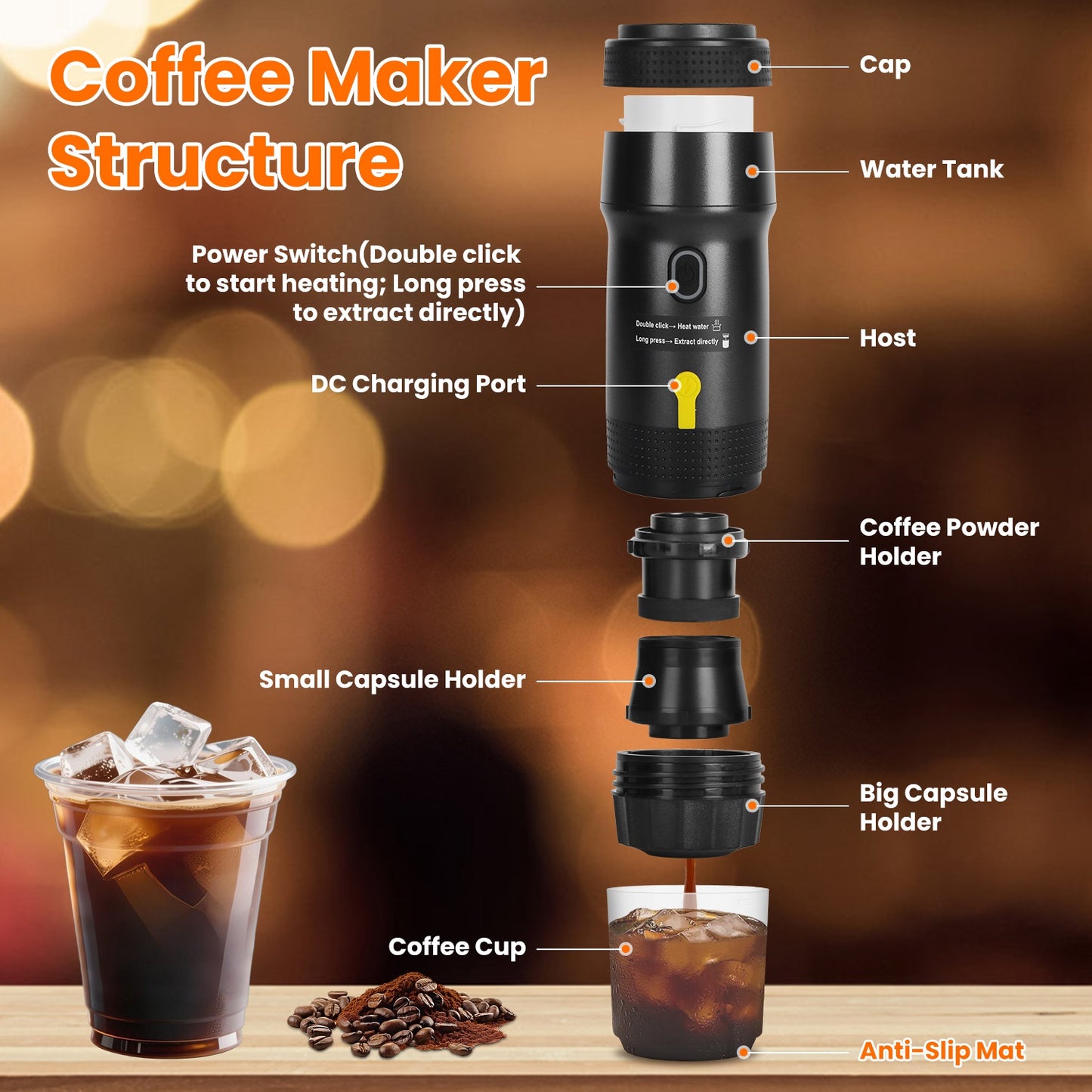 Portable Cordless Electric Espresso Maker – Self-Heating Coffee Machine for Car, Travel & Home