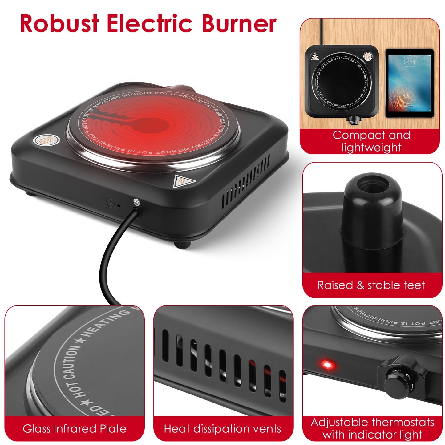 1200W Infrared Portable Electric Hot Plate – 7.5” Glass Cooktop with Adjustable Temperature