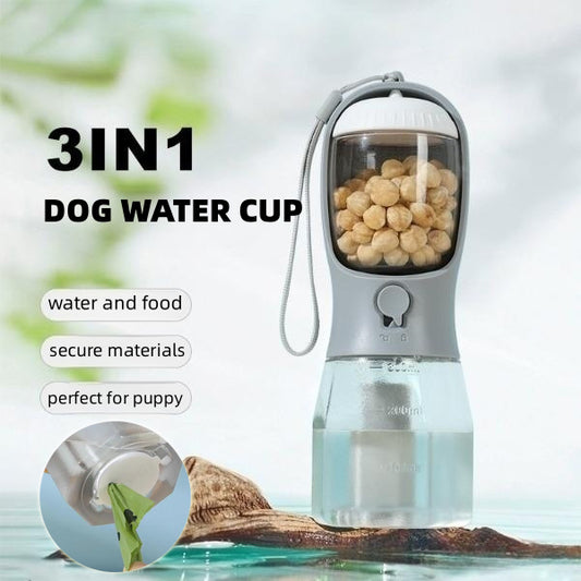 3-in-1 Portable Dog Water & Food Bottle – Pet Cup with Waste Bag Holder