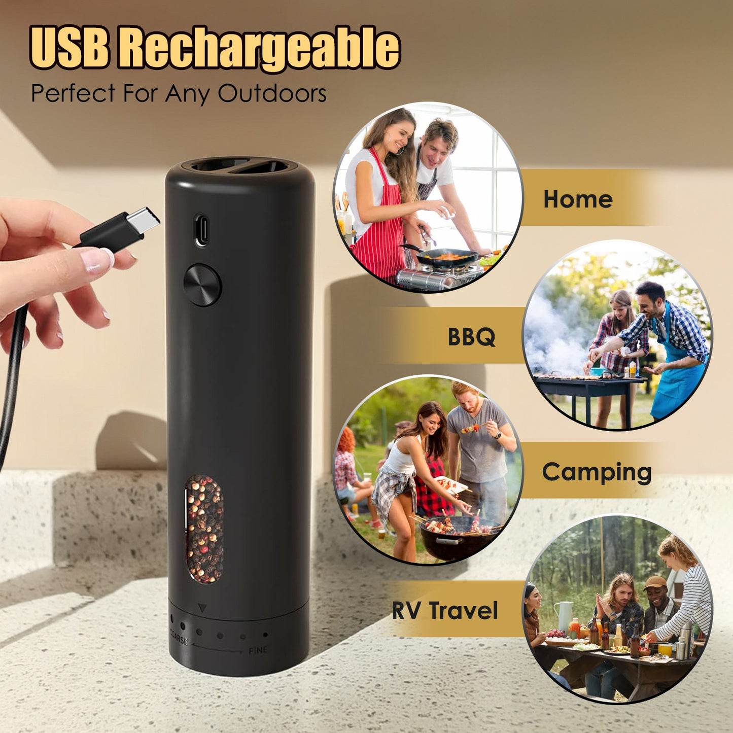 Electric Pepper Grinder – USB Rechargeable Automatic Salt & Pepper Mill with Adjustable Coarseness and LED Light