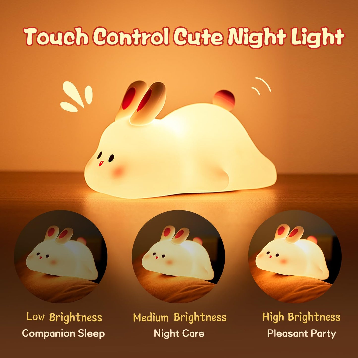 Cute Rabbit LED Night Light – Touch Sensor Silicone Kids Bedside Lamp with Timer & USB Rechargeable