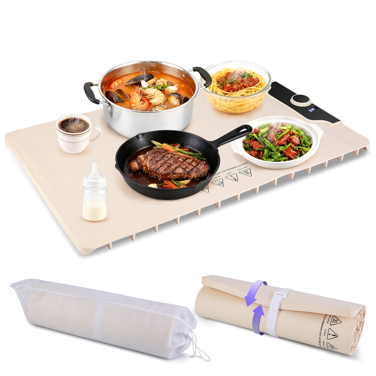 Electric Food Warming Mat 23.6×15.8in – 300W Silicone Hot Plate with 14 Temp Settings, 10H Timer, Portable & Roll-Up for Parties & Buffet