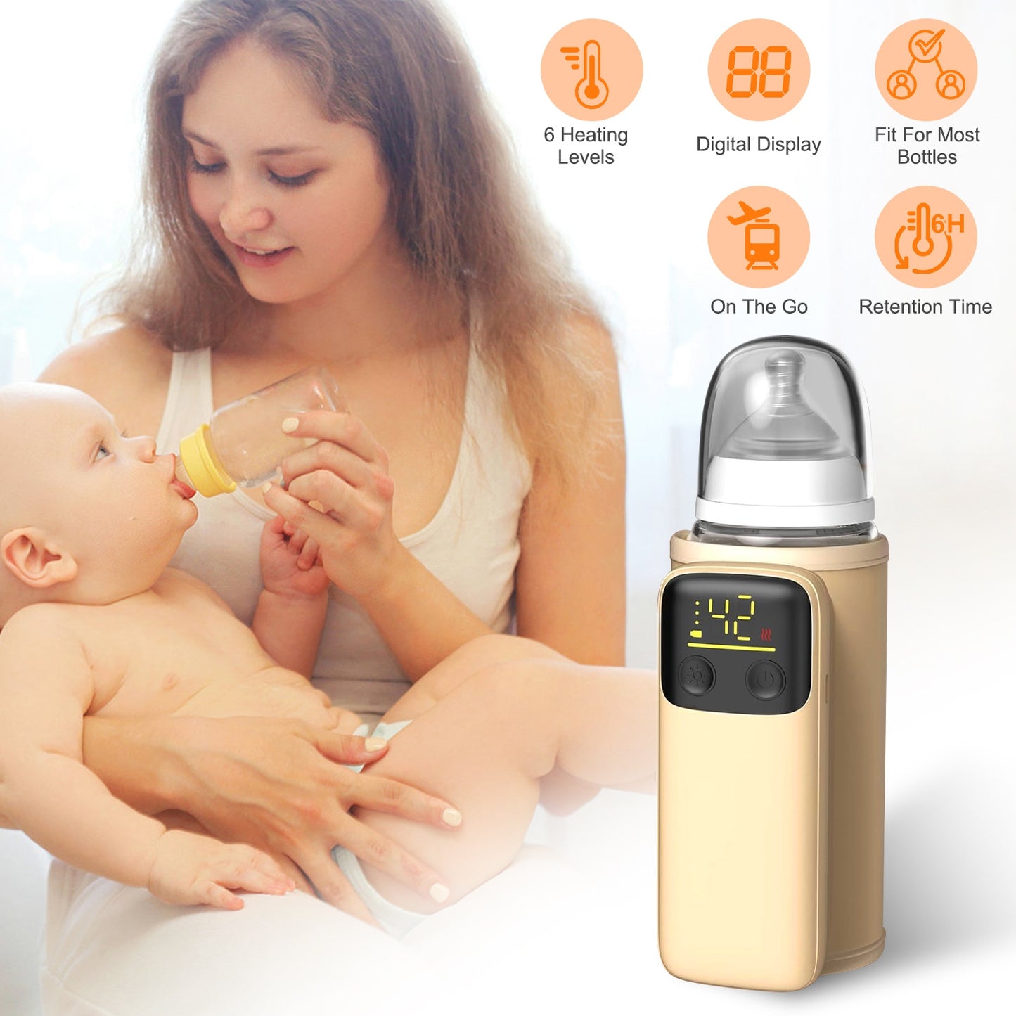 Portable Baby Bottle Warmer with Night Light – 6 Heating Levels for Home & Travel