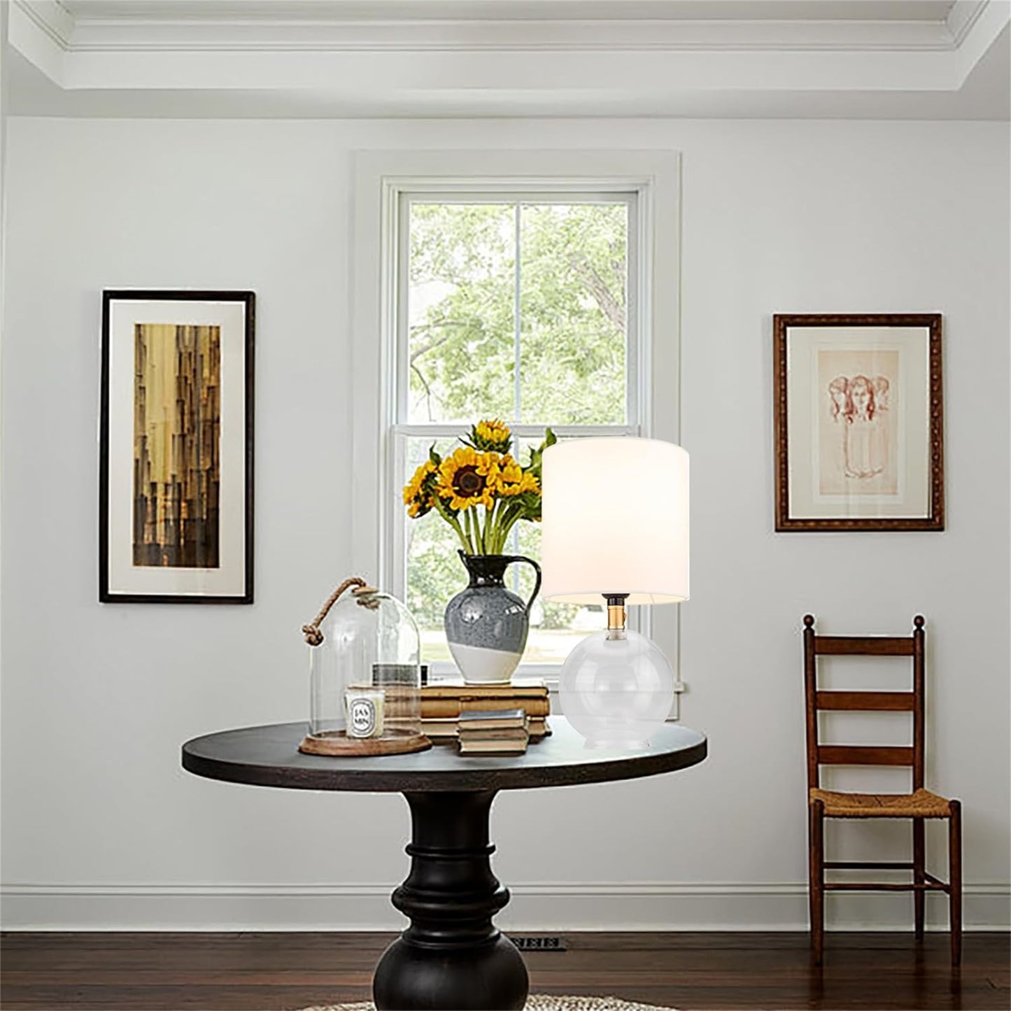 Minimalist Glass Bedside Table Lamp – Cylindric Fabric Shade Nightstand Lamp for Bedroom & Desk