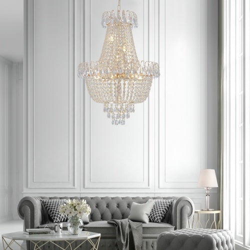 Golden Crystal Chandelier – Large Modern Luxury Lighting for Living Room, Dining, Bedroom & Hallway
