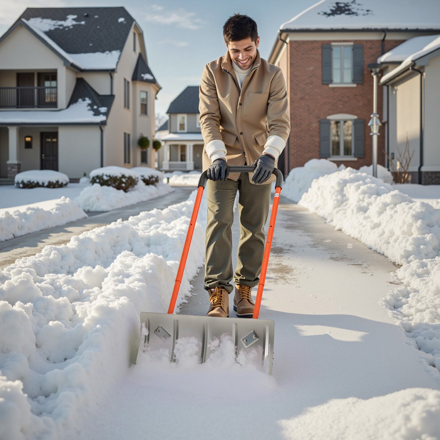 24” Heavy-Duty Snow Pusher Shovel with Wheels – Metal Snow Plow for Driveways, Sidewalks & Garages