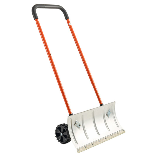 24” Heavy-Duty Snow Pusher Shovel with Wheels – Metal Snow Plow for Driveways, Sidewalks & Garages