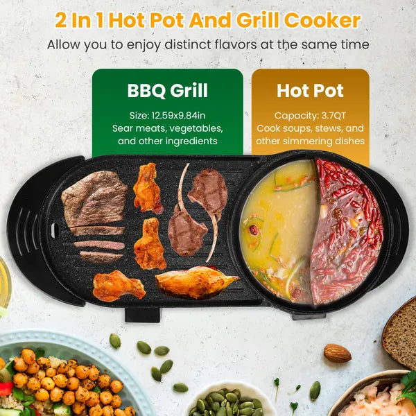 2-in-1 Electric Hot Pot & BBQ Grill – 2200W Smokeless Non-Stick Korean BBQ & Shabu Shabu Cooker with 5-Level Temperature Control, Perfect for 2-10 People