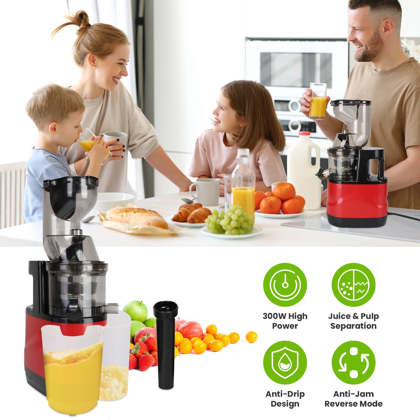 300W Cold Press Slow Juicer Machine for Whole Fruits & Vegetables – Easy Clean, Reverse Function