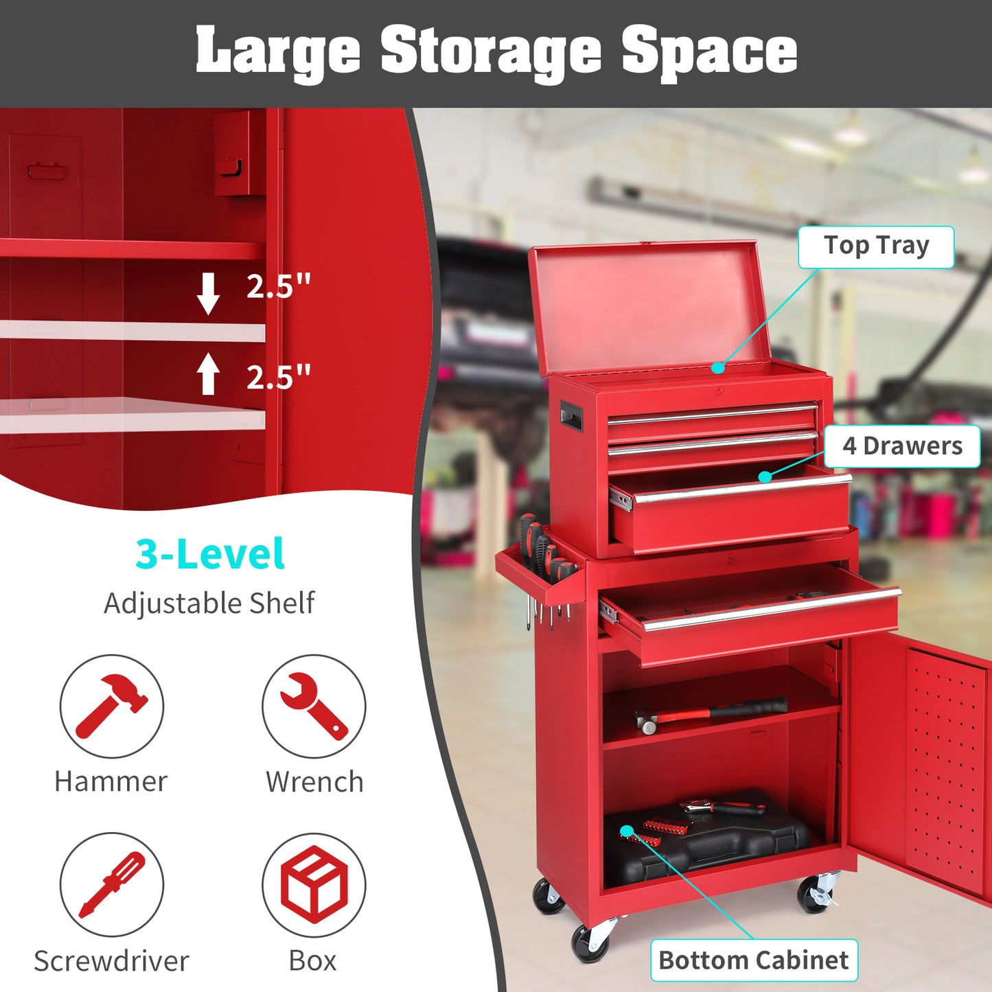 Red 4-Drawer Steel Cabinet with Lock – 330lb Heavy-Duty Tool Cart