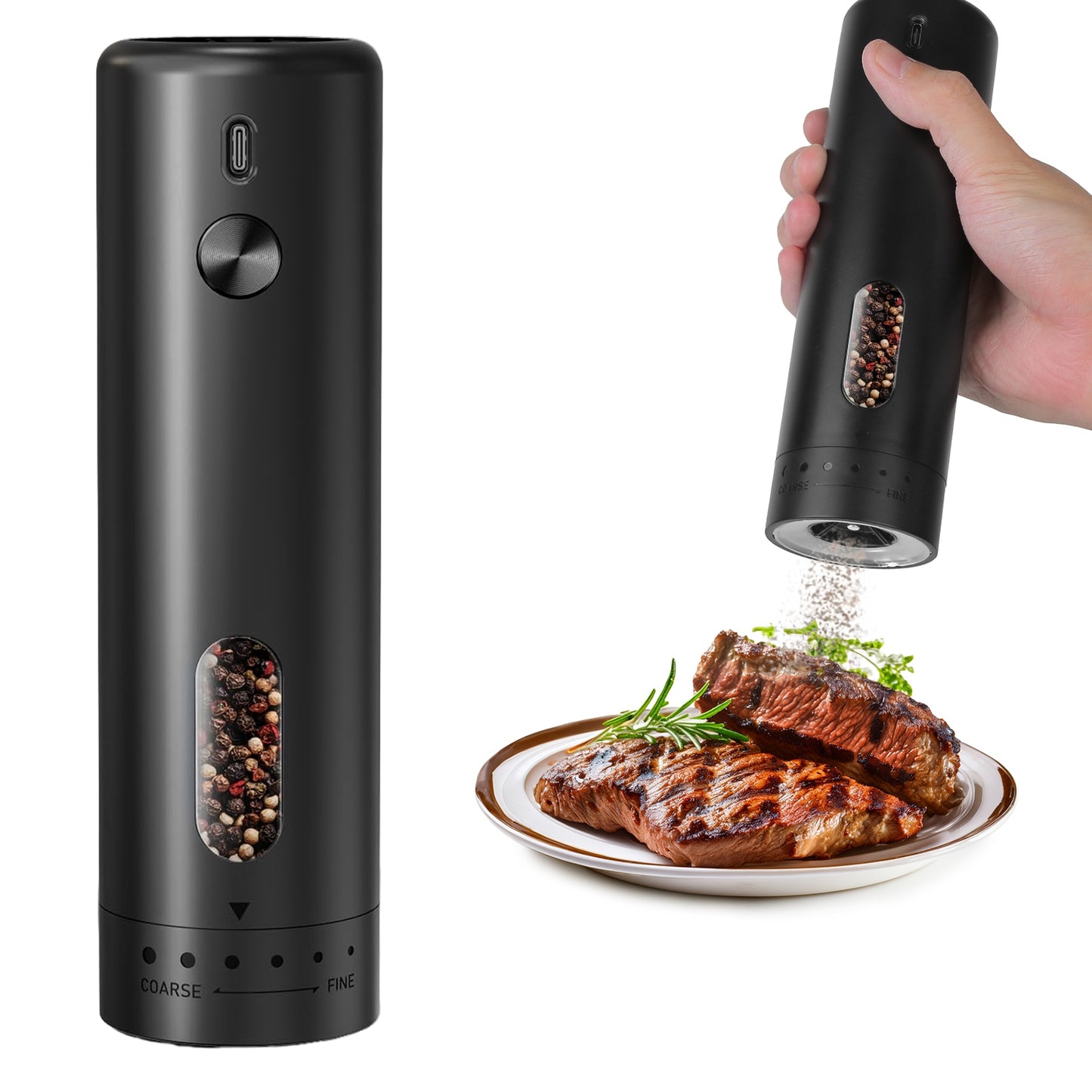 Electric Pepper Grinder – USB Rechargeable Automatic Salt & Pepper Mill with Adjustable Coarseness and LED Light