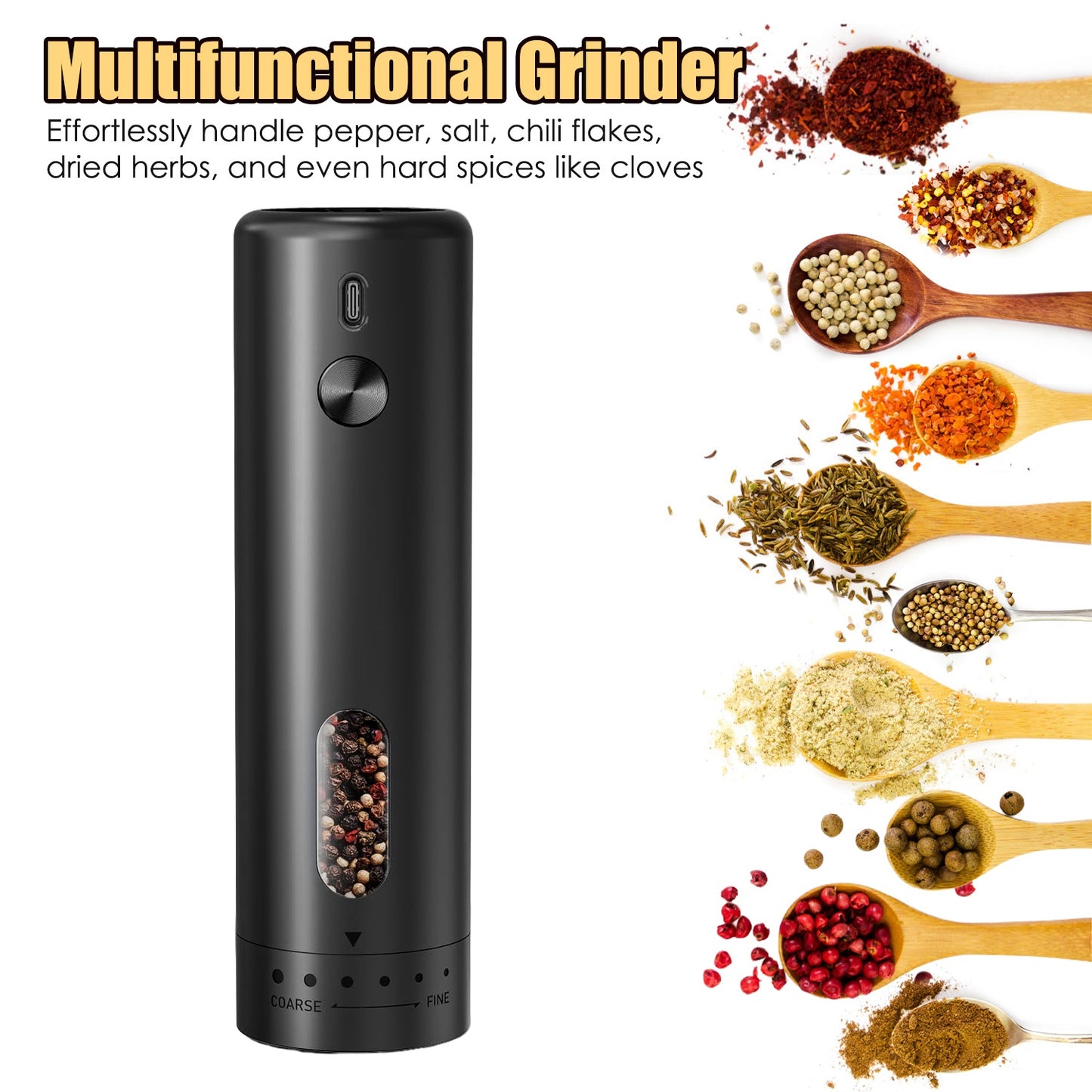 Electric Pepper Grinder – USB Rechargeable Automatic Salt & Pepper Mill with Adjustable Coarseness and LED Light