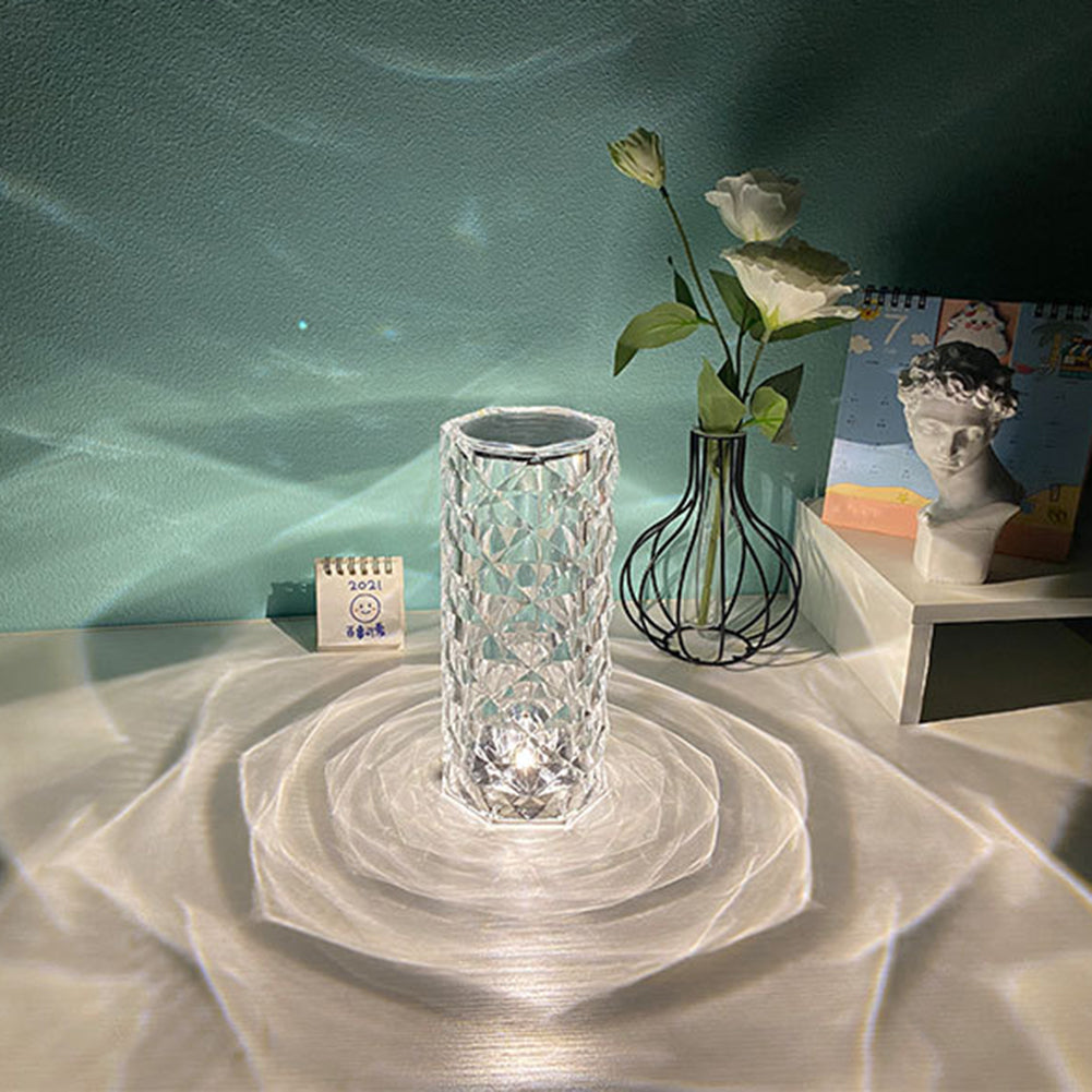 Nordic Crystal Diamond USB Table Lamp – Touch Dimming LED Night Light & Romantic Rose Projector