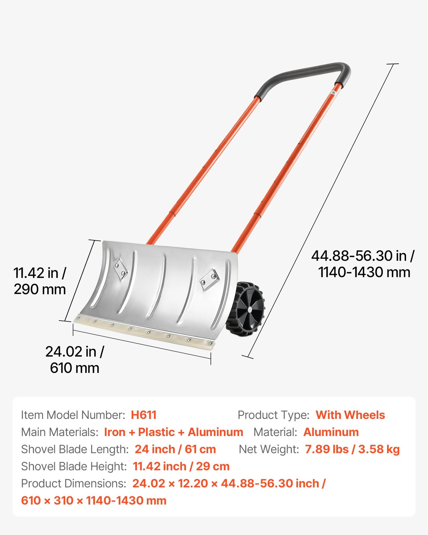 24” Heavy-Duty Snow Pusher Shovel with Wheels – Metal Snow Plow for Driveways, Sidewalks & Garages