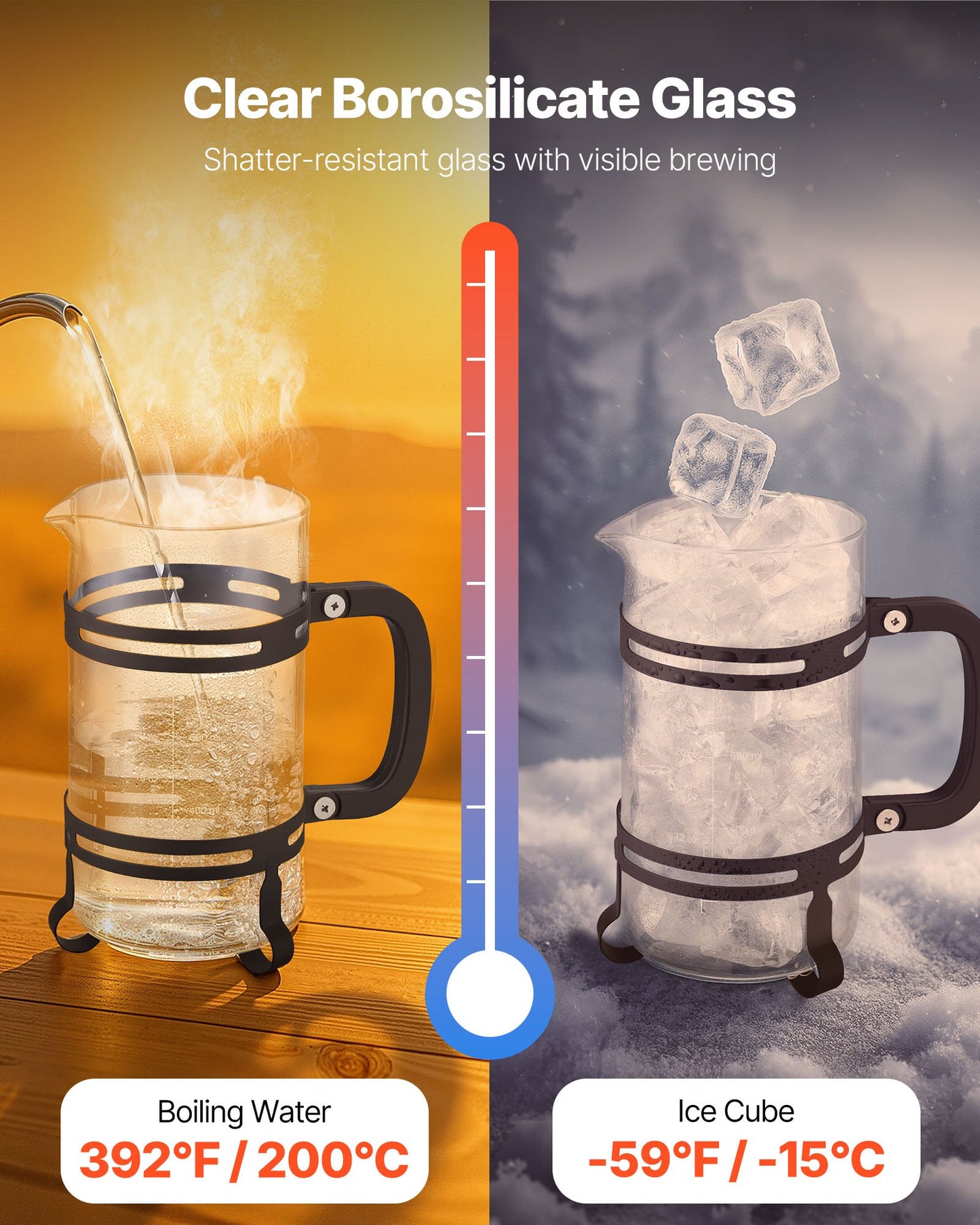 Premium 34oz French Press Coffee & Tea Maker – Borosilicate Glass with Silver Frame