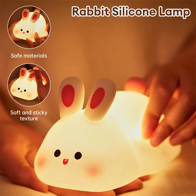 Cute Rabbit LED Night Light – Touch Sensor Silicone Kids Bedside Lamp with Timer & USB Rechargeable