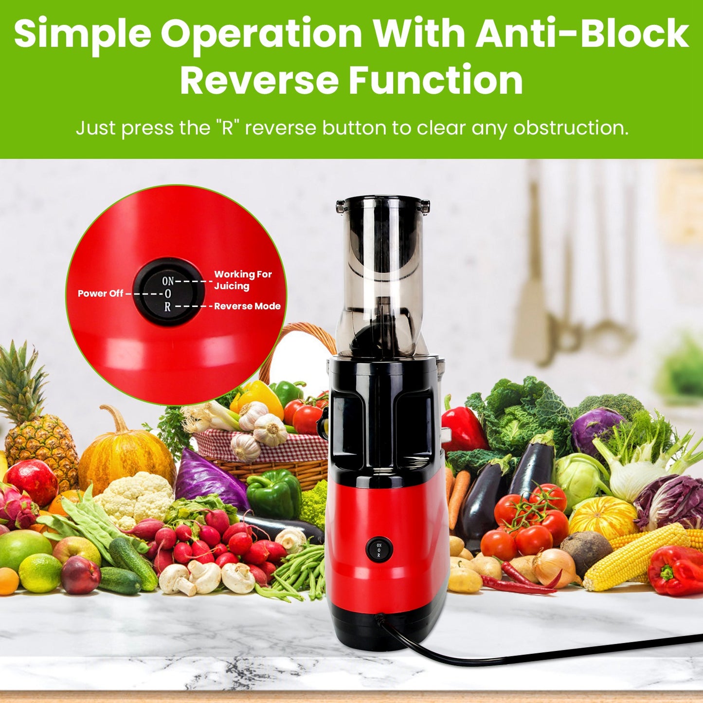 300W Cold Press Slow Juicer Machine for Whole Fruits & Vegetables – Easy Clean, Reverse Function