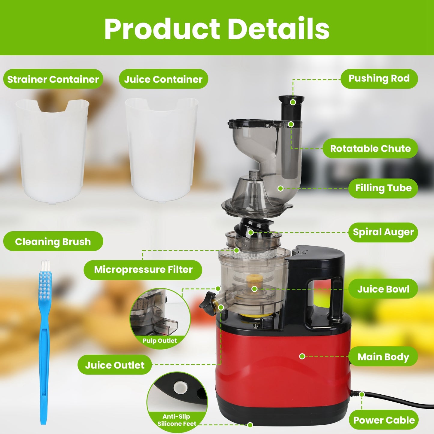300W Cold Press Slow Juicer Machine for Whole Fruits & Vegetables – Easy Clean, Reverse Function