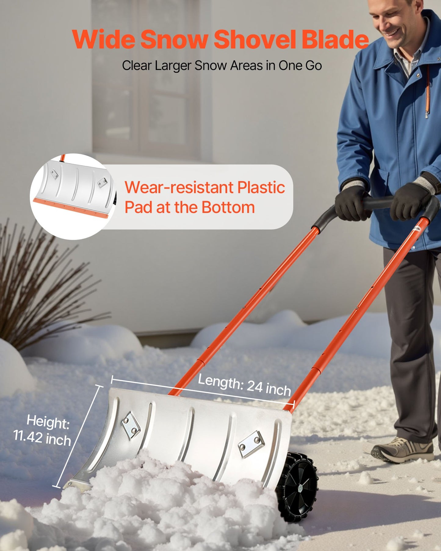 24” Heavy-Duty Snow Pusher Shovel with Wheels – Metal Snow Plow for Driveways, Sidewalks & Garages