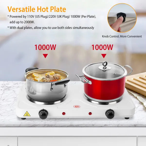 2000W Double Electric Hot Plate – Portable Dual Burner Countertop Stove with 5-Level Heat Control