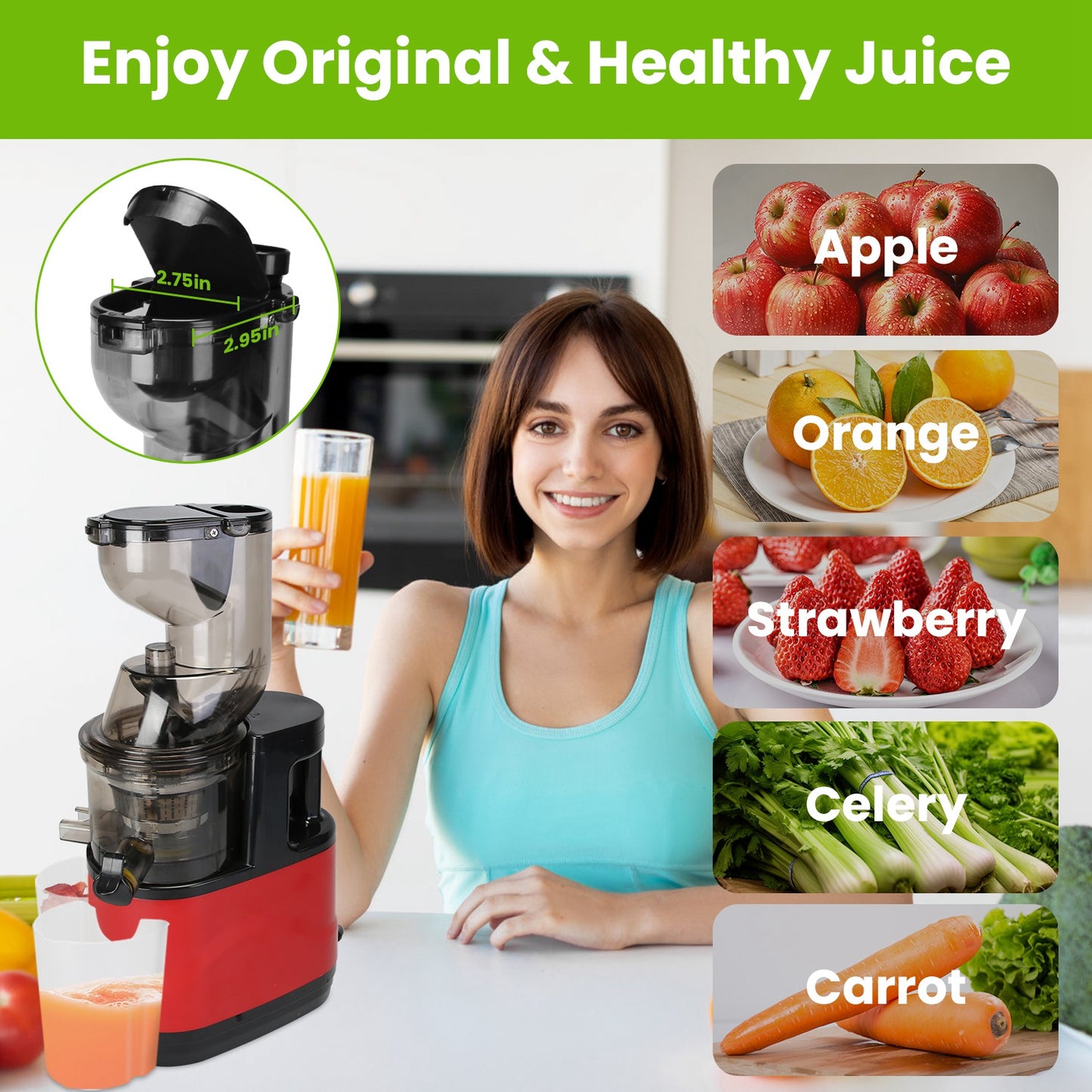 300W Cold Press Slow Juicer Machine for Whole Fruits & Vegetables – Easy Clean, Reverse Function