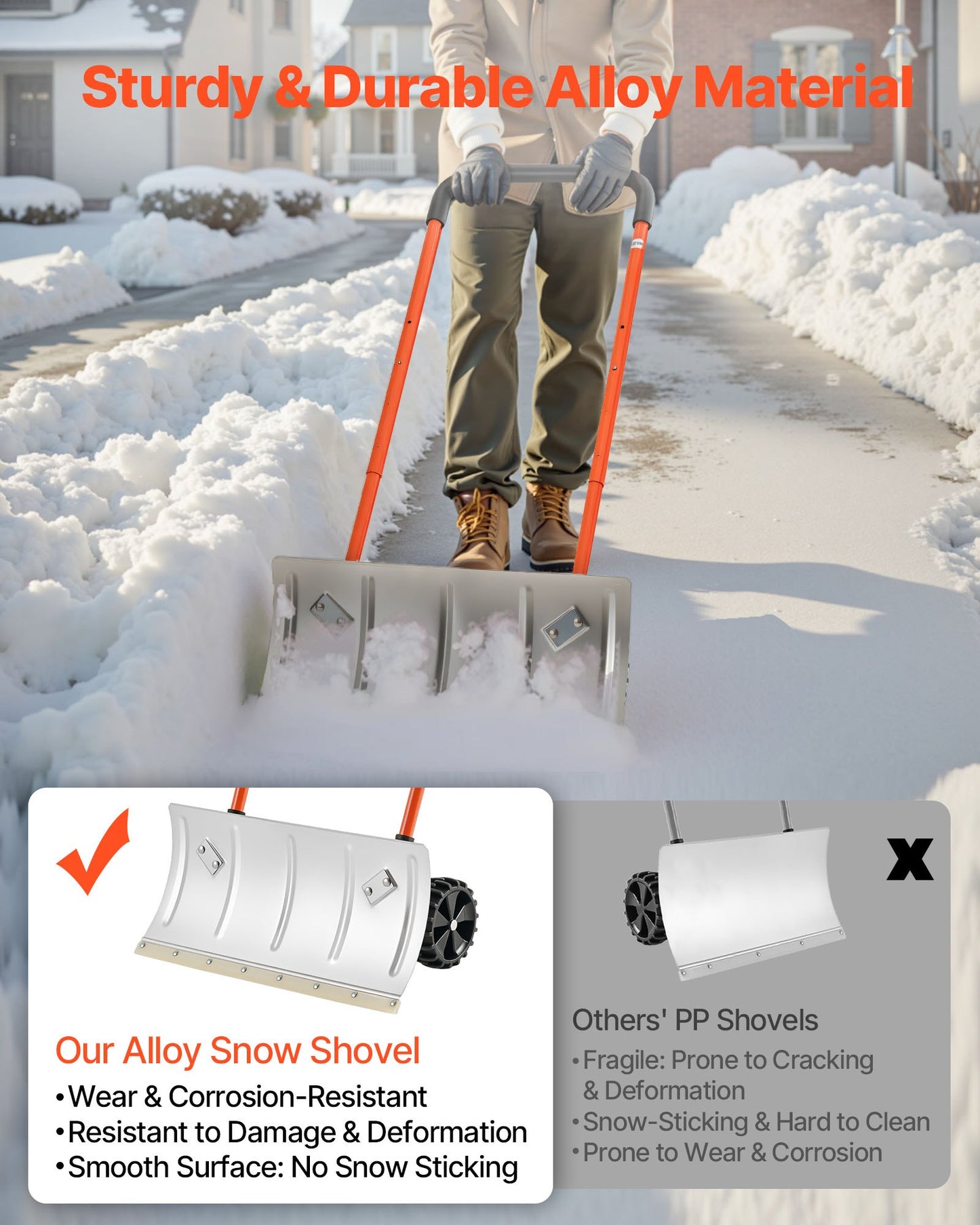 24” Heavy-Duty Snow Pusher Shovel with Wheels – Metal Snow Plow for Driveways, Sidewalks & Garages