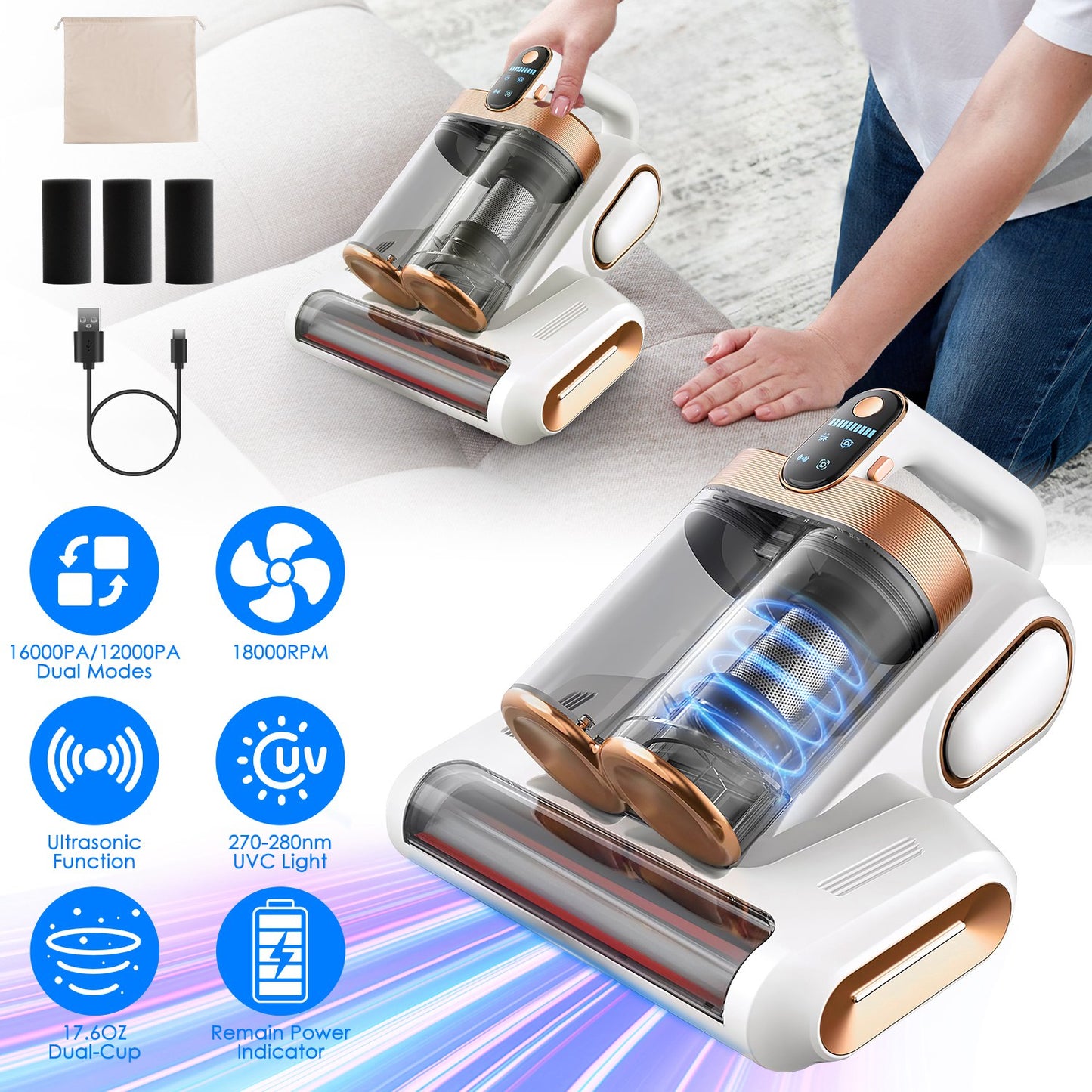 Handheld Mattress Vacuum Cleaner with UVC Light & Ultrasonic Cleaning – 16 KPa Deep Bed & Sofa Cleaner