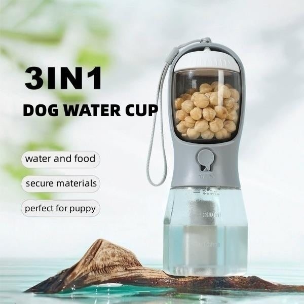3-in-1 Portable Dog Water & Food Bottle – Pet Cup with Waste Bag Holder