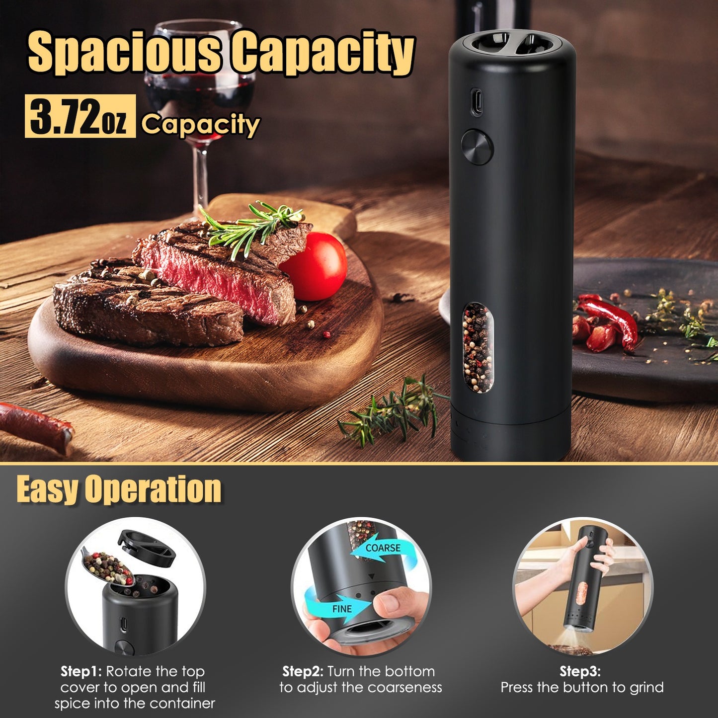 Electric Pepper Grinder – USB Rechargeable Automatic Salt & Pepper Mill with Adjustable Coarseness and LED Light