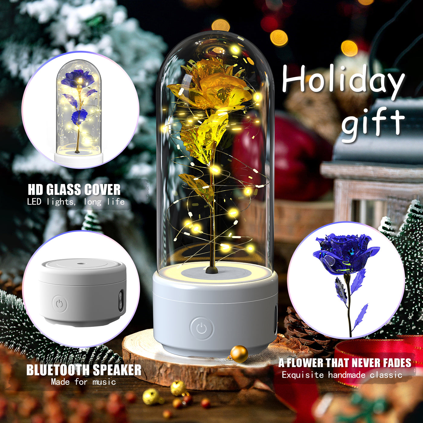 2-in-1 Rose LED Night Light with Bluetooth Speaker – Romantic Glass Rose Lamp Valentine’s Day Gift