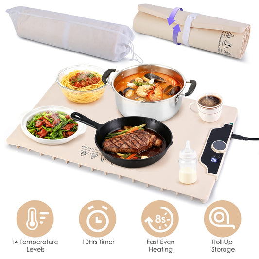 Electric Food Warming Mat 23.6×15.8in – 300W Silicone Hot Plate with 14 Temp Settings, 10H Timer, Portable & Roll-Up for Parties & Buffet