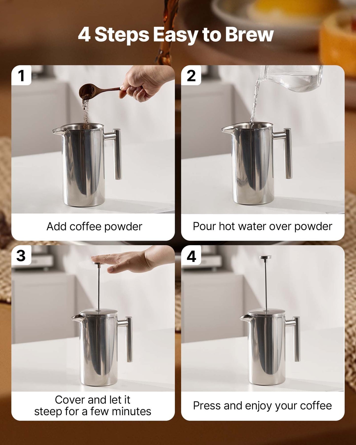 34oz Stainless Steel French Press Coffee Maker – Silver, Durable & Elegant Coffee Brewer