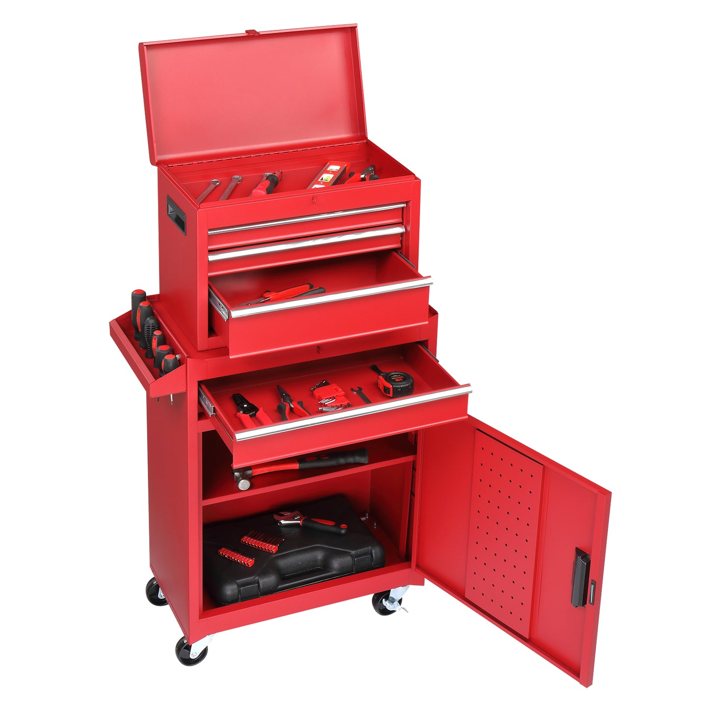 Red 4-Drawer Steel Cabinet with Lock – 330lb Heavy-Duty Tool Cart