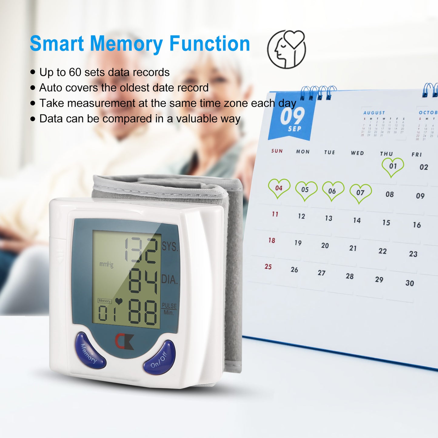 Digital Wrist Blood Pressure Monitor – Heart Rate Tester with 60-Reading Memory & LCD Display