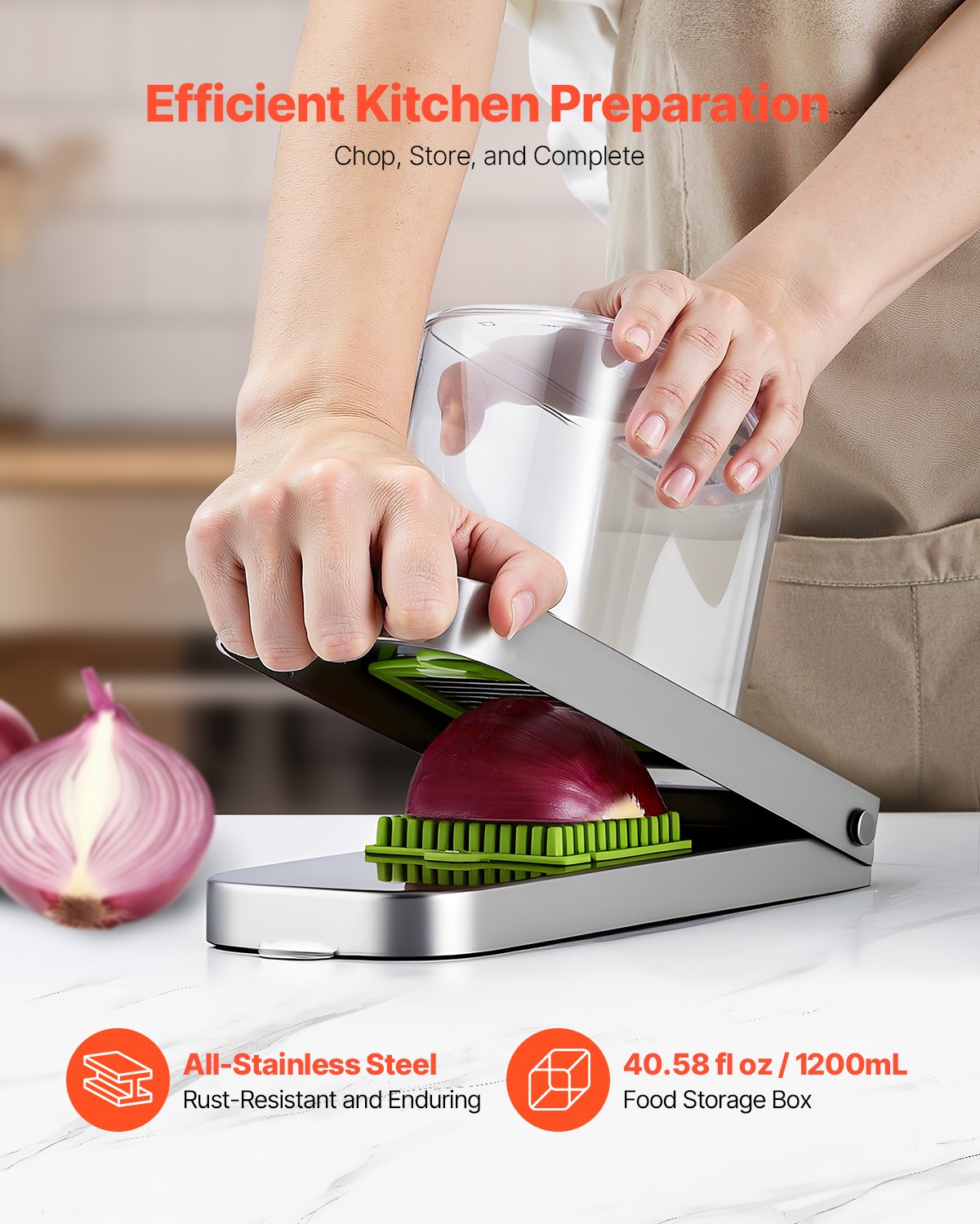 Vegetable Chopper & Onion Slicer – 3-in-1 Stainless Steel Veggie Cutter with Container