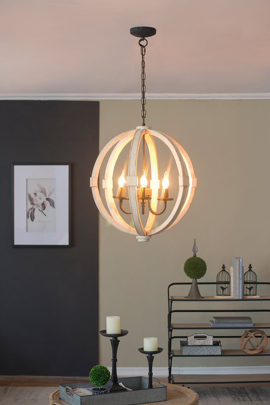 6-Light Wooden Chandelier with Adjustable Chain – Perfect for Kitchen, Dining Room & Entryway (Bulbs Not Included)