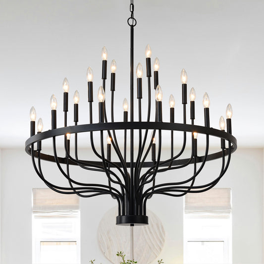 24-Light Black Industrial Chandelier – Modern Farmhouse Candle Pendant for Dining, Living, Bedroom & Kitchen
