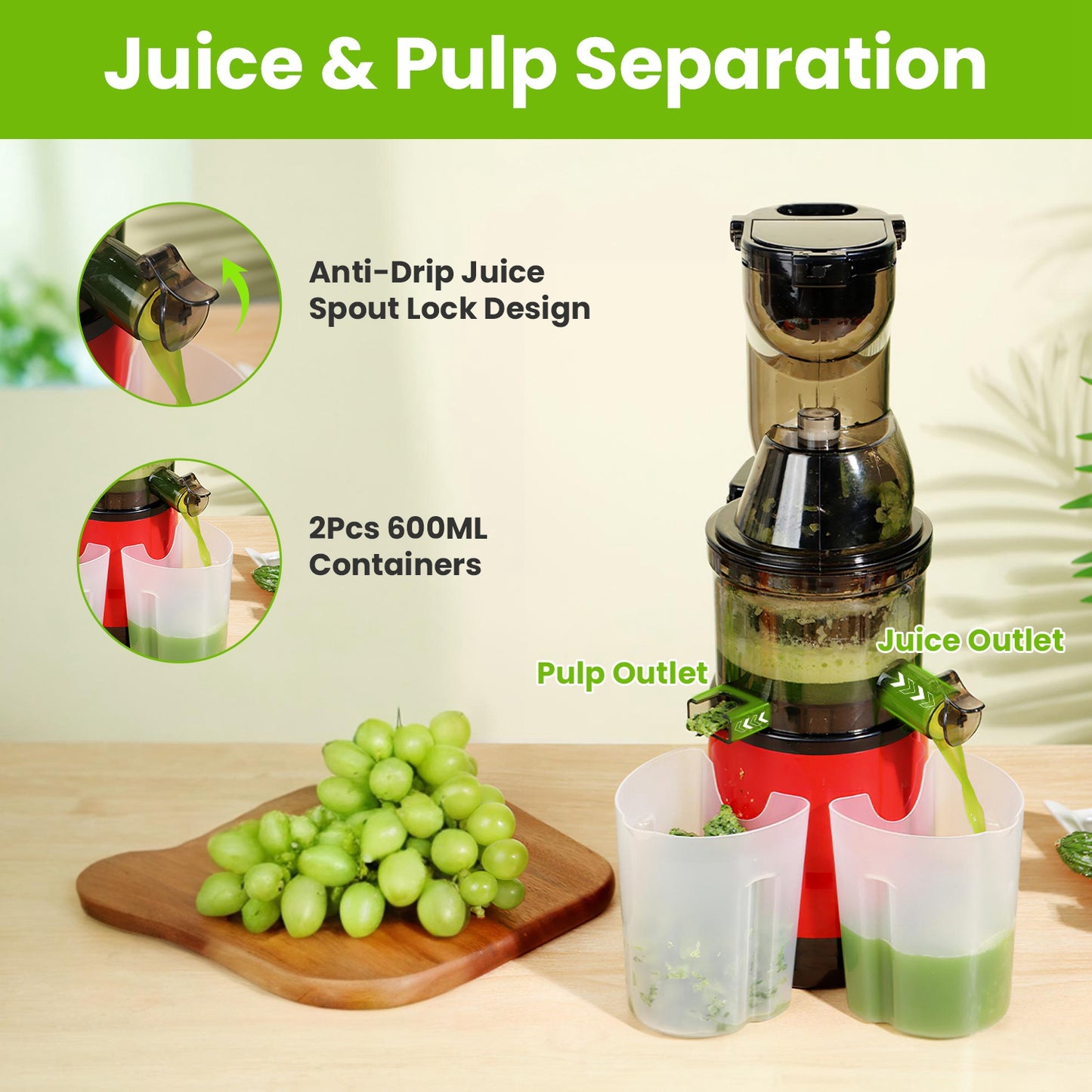 300W Cold Press Slow Juicer Machine for Whole Fruits & Vegetables – Easy Clean, Reverse Function