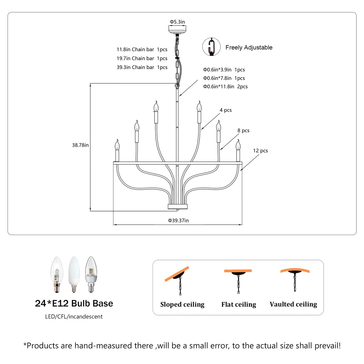 24-Light Black Industrial Chandelier – Modern Farmhouse Candle Pendant for Dining, Living, Bedroom & Kitchen