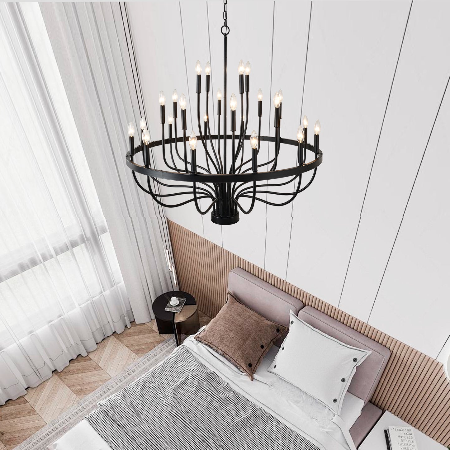 24-Light Black Industrial Chandelier – Modern Farmhouse Candle Pendant for Dining, Living, Bedroom & Kitchen